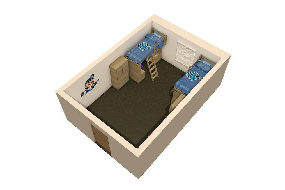 Cluster Double 3D layout featuring two beds, wardrobes, and desks.